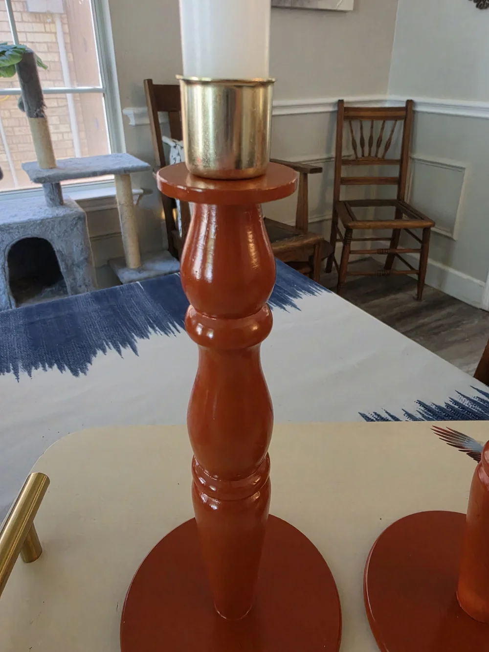 Pair of hand-turned vintage wooden candlestick holders Warm Terracotta hue